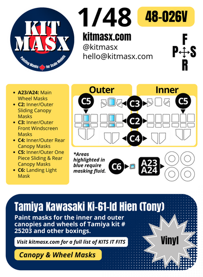 Tamiya Kawasaki Ki-61-Id Hien (Tony) 1/48 Canopy & Wheel Paint Masks, Kit # 25203