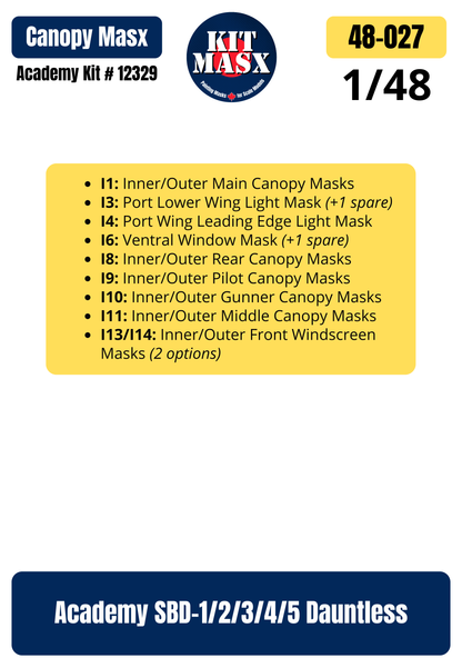 Academy SBD-1/2/3/4/5 Dauntless 1/48 Canopy Paint Masks, Kit # 12329 (48027)