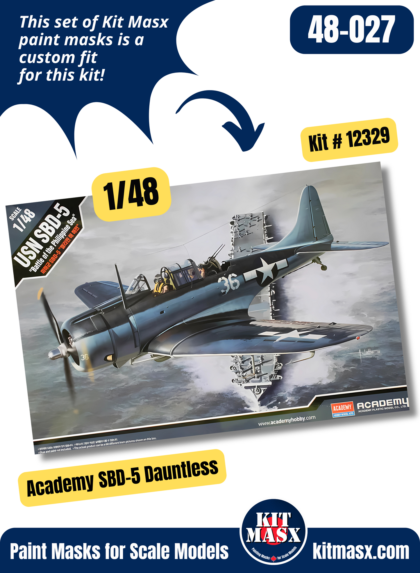 Academy SBD-1/2/3/4/5 Dauntless 1/48 Canopy Paint Masks, Kit # 12329
