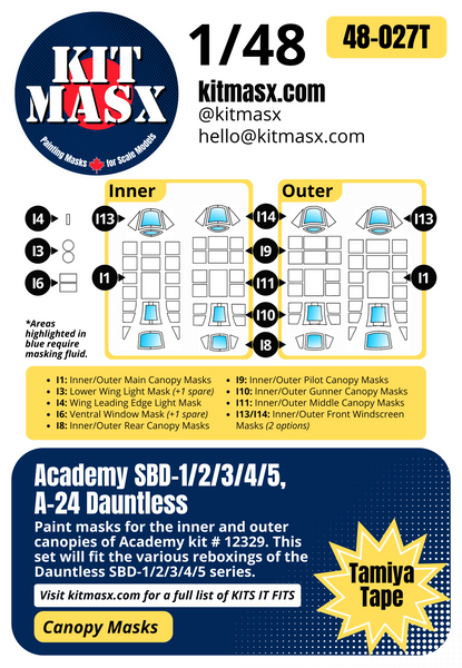 Academy SBD-1/2/3/4/5 or A-24 Dauntless 1/48 Canopy Paint Masks, Kit # 12329