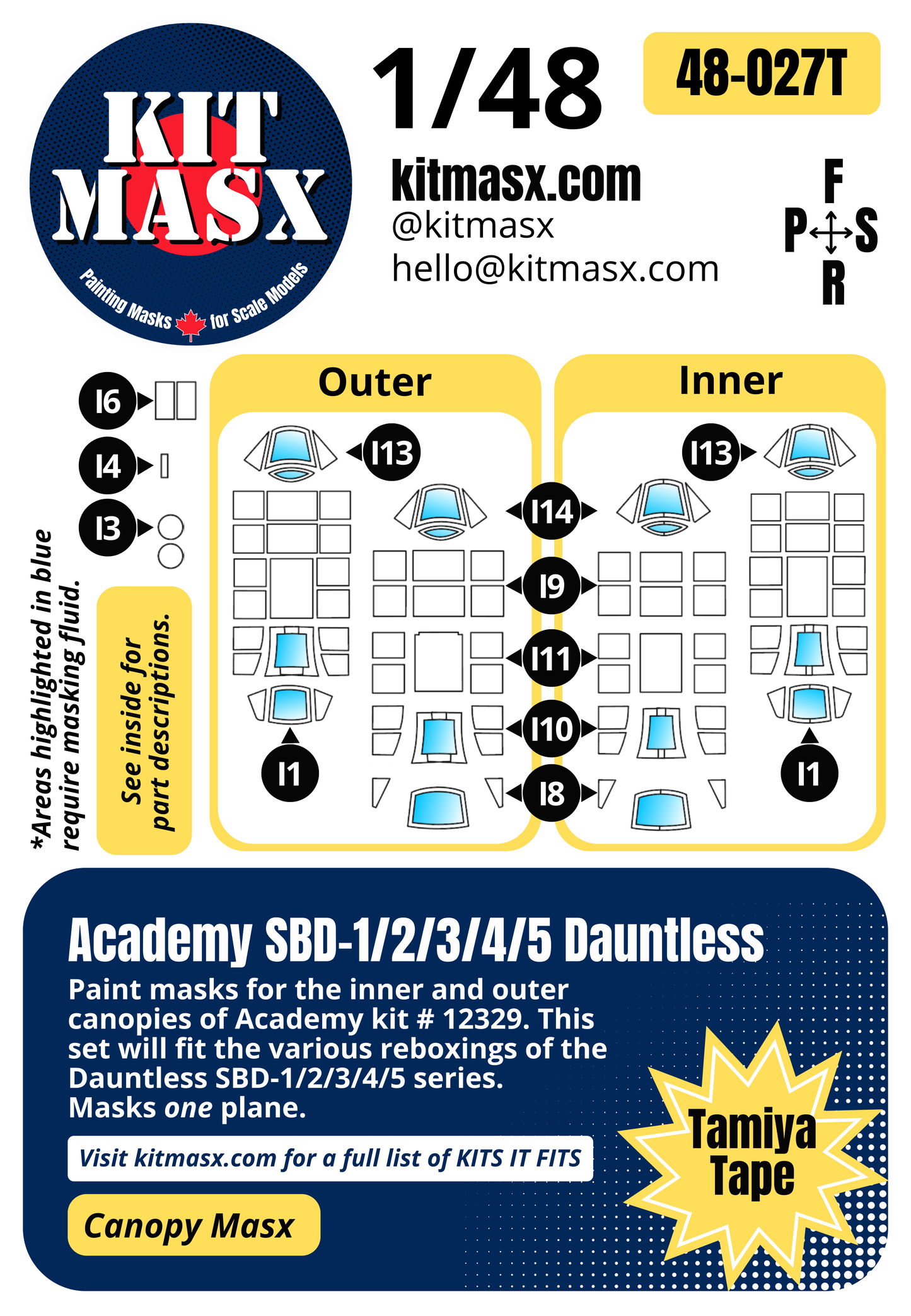 Academy SBD-1/2/3/4/5 Dauntless 1/48 Canopy Paint Masks, Kit # 12329 (48027)