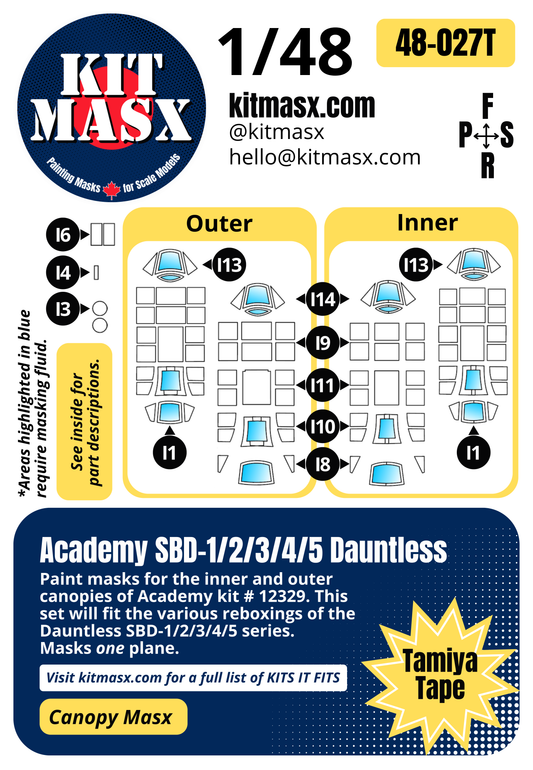 Academy SBD-1/2/3/4/5 Dauntless 1/48 Canopy Paint Masks, Kit # 12329 (48027)