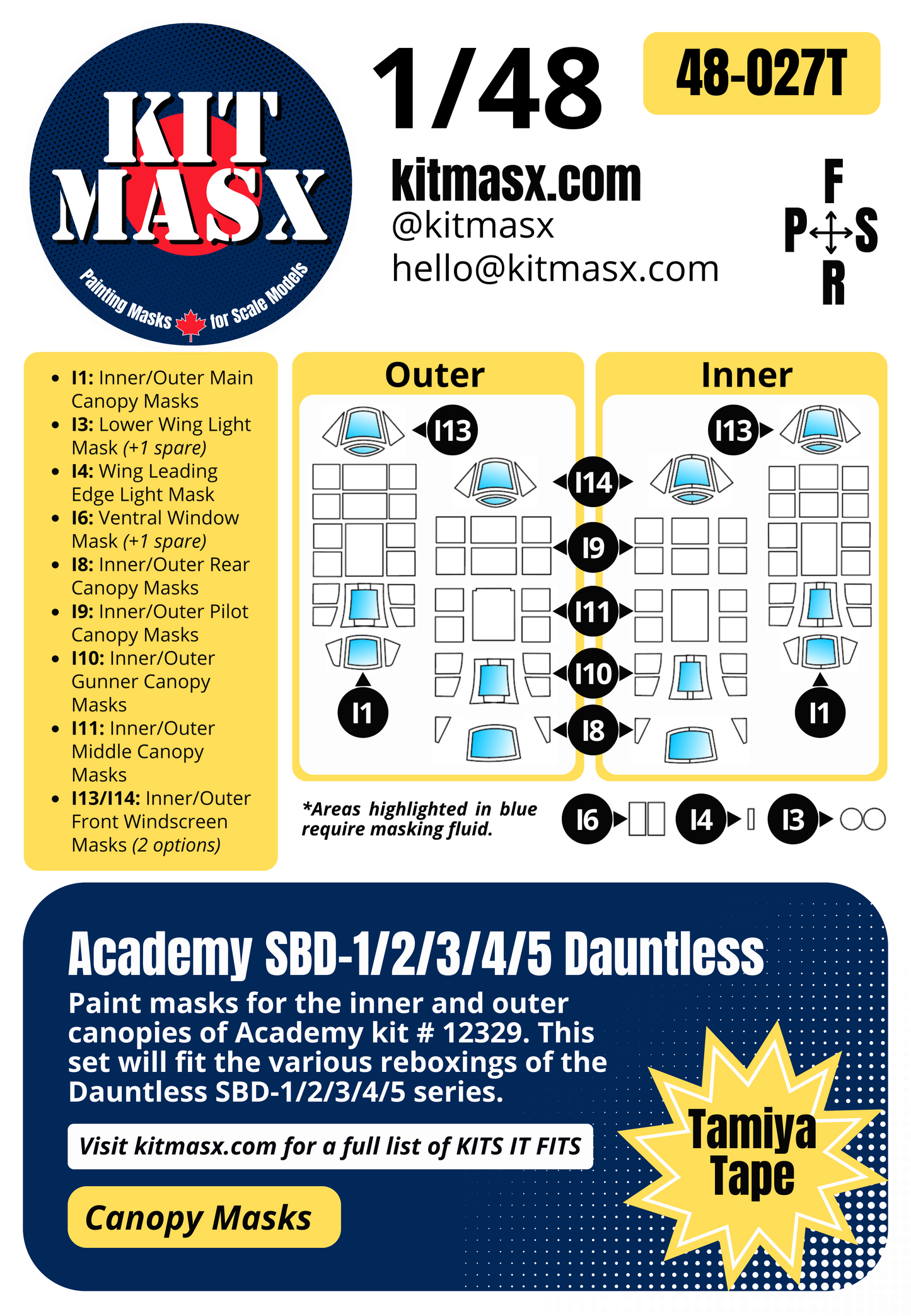 Academy SBD-1/2/3/4/5 Dauntless 1/48 Canopy Paint Masks, Kit # 12329