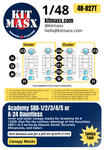Academy SBD-1/2/3/4/5 or A-24 Dauntless 1/48 Canopy Paint Masks, Kit # 12329