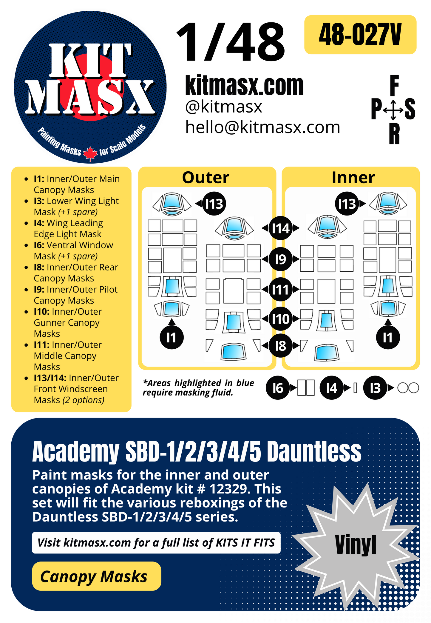 Academy SBD-1/2/3/4/5 Dauntless 1/48 Canopy Paint Masks, Kit # 12329