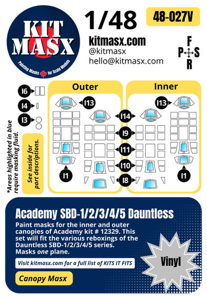 Academy SBD-1/2/3/4/5 Dauntless 1/48 Canopy Paint Masks, Kit # 12329 (48027)