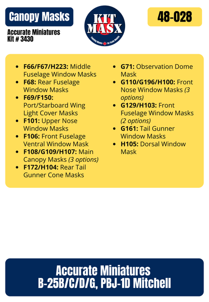 Accurate Miniatures B-25B/C/D/G/PBJ-1D Mitchell 1/48 Canopy Paint Masks, Kit # 3430