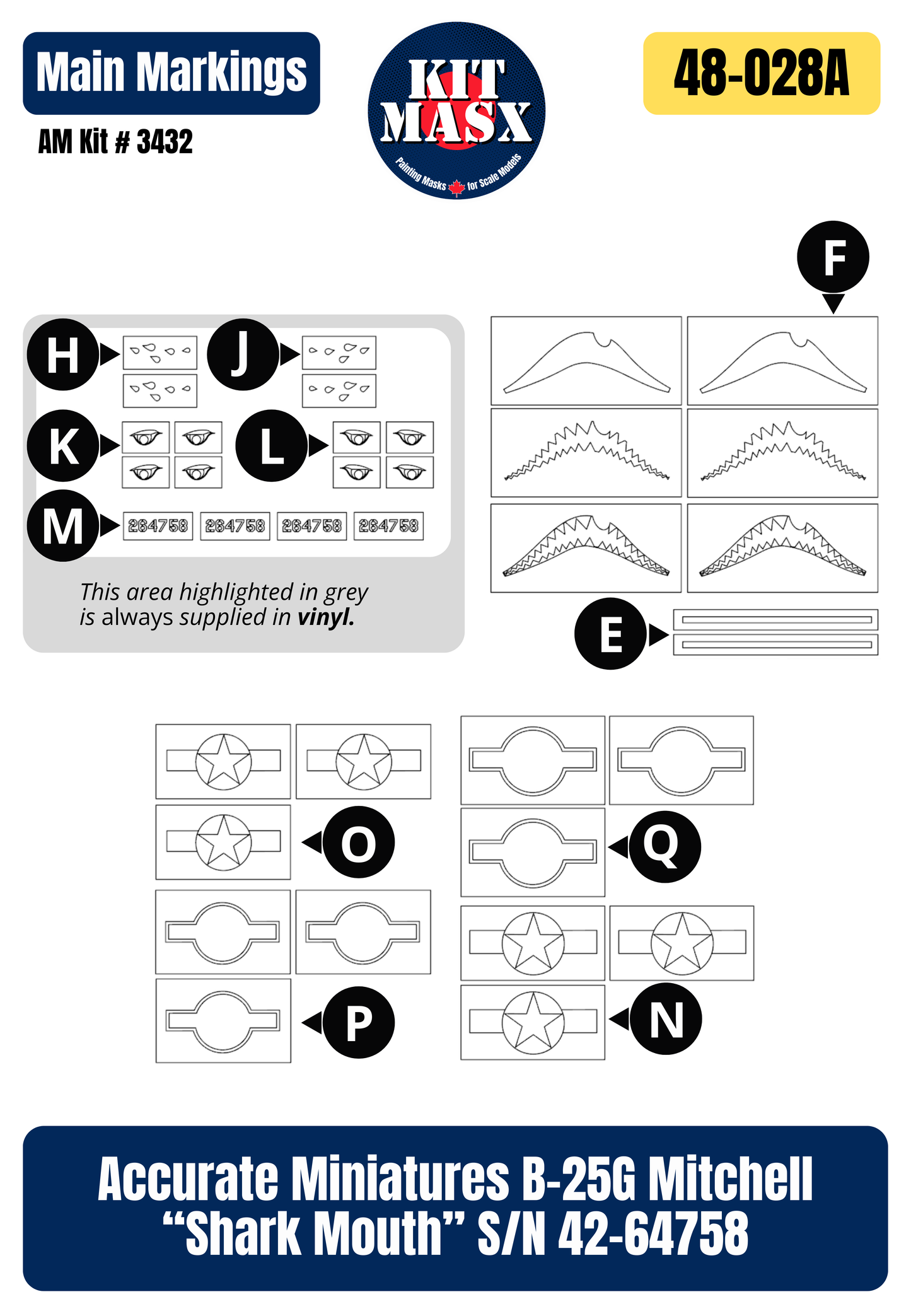Accurate Miniatures B-25G Mitchell “Shark Mouth” S/N 42-64758 1/48 All-in-One Master Mask Set, Kit # 3432