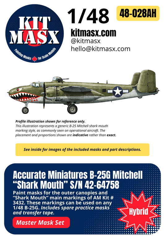 Accurate Miniatures B-25G Mitchell “Shark Mouth” S/N 42-64758 1/48 All-in-One Master Mask Set, Kit # 3432