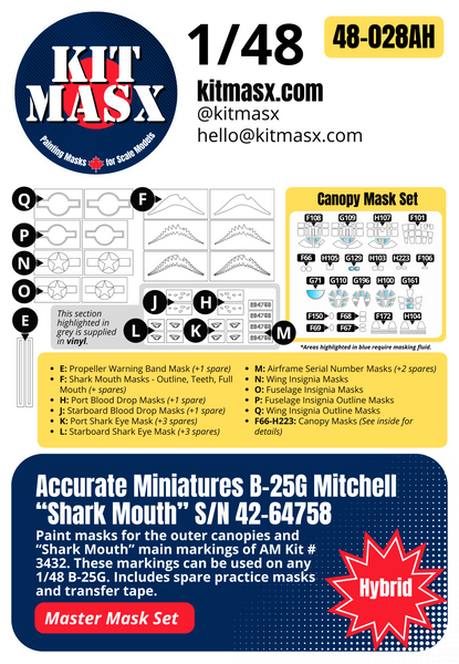 Accurate Miniatures B-25G Mitchell “Shark Mouth” S/N 42-64758 1/48 All-in-One Master Mask Set, Kit # 3432