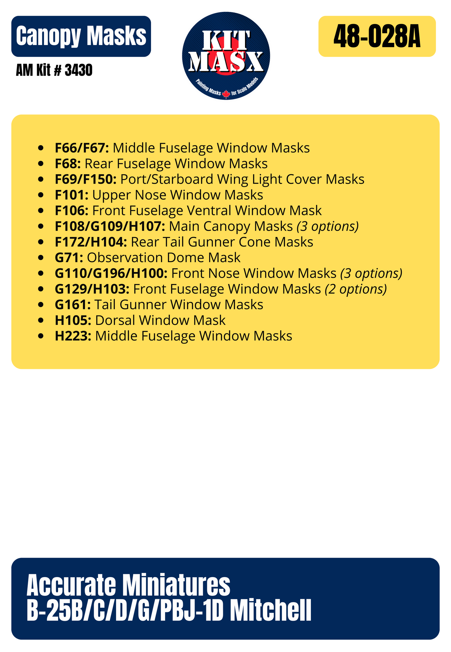 Accurate Miniatures B-25G Mitchell “Shark Mouth” S/N 42-64758 1/48 All-in-One Master Mask Set, Kit # 3432