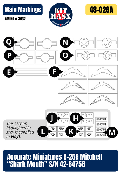Accurate Miniatures B-25G Mitchell “Shark Mouth” S/N 42-64758 1/48 All-in-One Master Mask Set, Kit # 3432