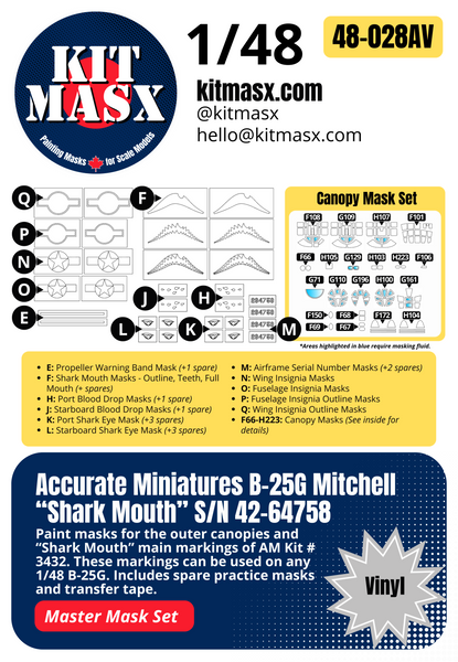 Accurate Miniatures B-25G Mitchell “Shark Mouth” S/N 42-64758 1/48 All-in-One Master Mask Set, Kit # 3432