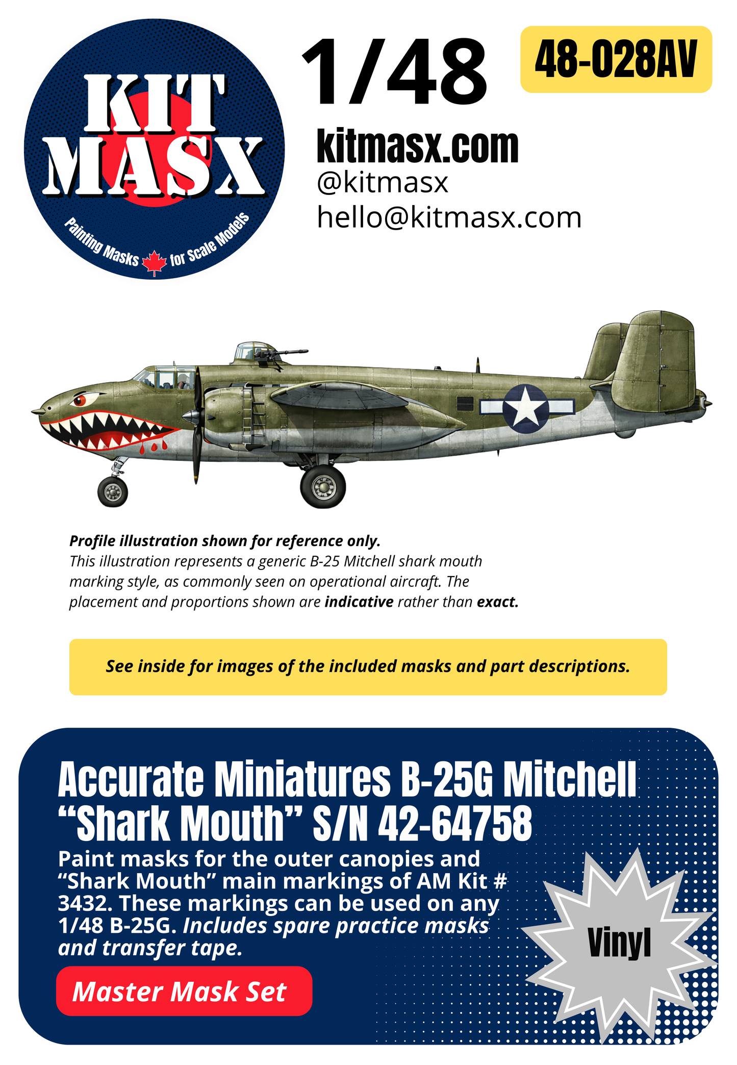 Accurate Miniatures B-25G Mitchell “Shark Mouth” S/N 42-64758 1/48 All-in-One Master Mask Set, Kit # 3432