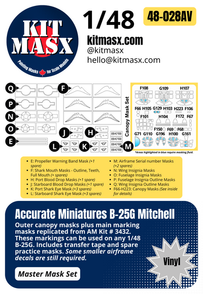 Accurate Miniatures B-25B/C/D/G or PBJ-1D Mitchell 1/48 Canopy & Main Marking Paint Masks