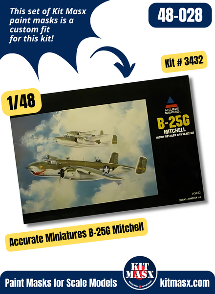 Accurate Miniatures B-25G Mitchell “Shark Mouth” S/N 42-64758 1/48 All-in-One Master Mask Set, Kit # 3432