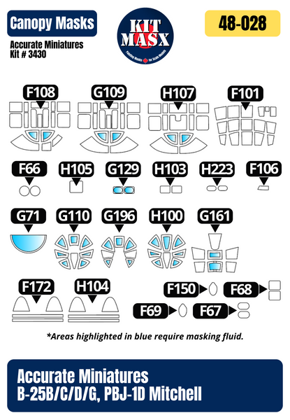 Accurate Miniatures B-25B/C/D/G/PBJ-1D Mitchell 1/48 Canopy Paint Masks, Kit # 3430