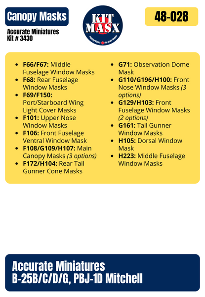 Accurate Miniatures B-25B/C/D/G/PBJ-1D Mitchell 1/48 Canopy Paint Masks, Kit # 3430