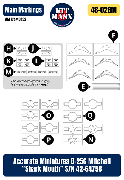 Accurate Miniatures B-25G Mitchell “Shark Mouth” S/N 42-64758 1/48 Main Marking Paint Masks, Kit # 3432