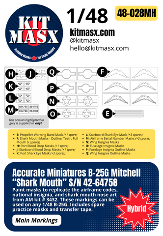 Accurate Miniatures B-25G Mitchell “Shark Mouth” S/N 42-64758 1/48 Main Marking Paint Masks, Kit # 3432