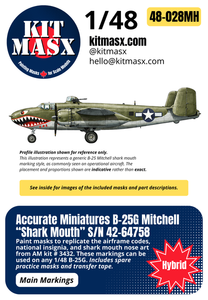 Accurate Miniatures B-25G Mitchell “Shark Mouth” S/N 42-64758 1/48 Main Marking Paint Masks, Kit # 3432
