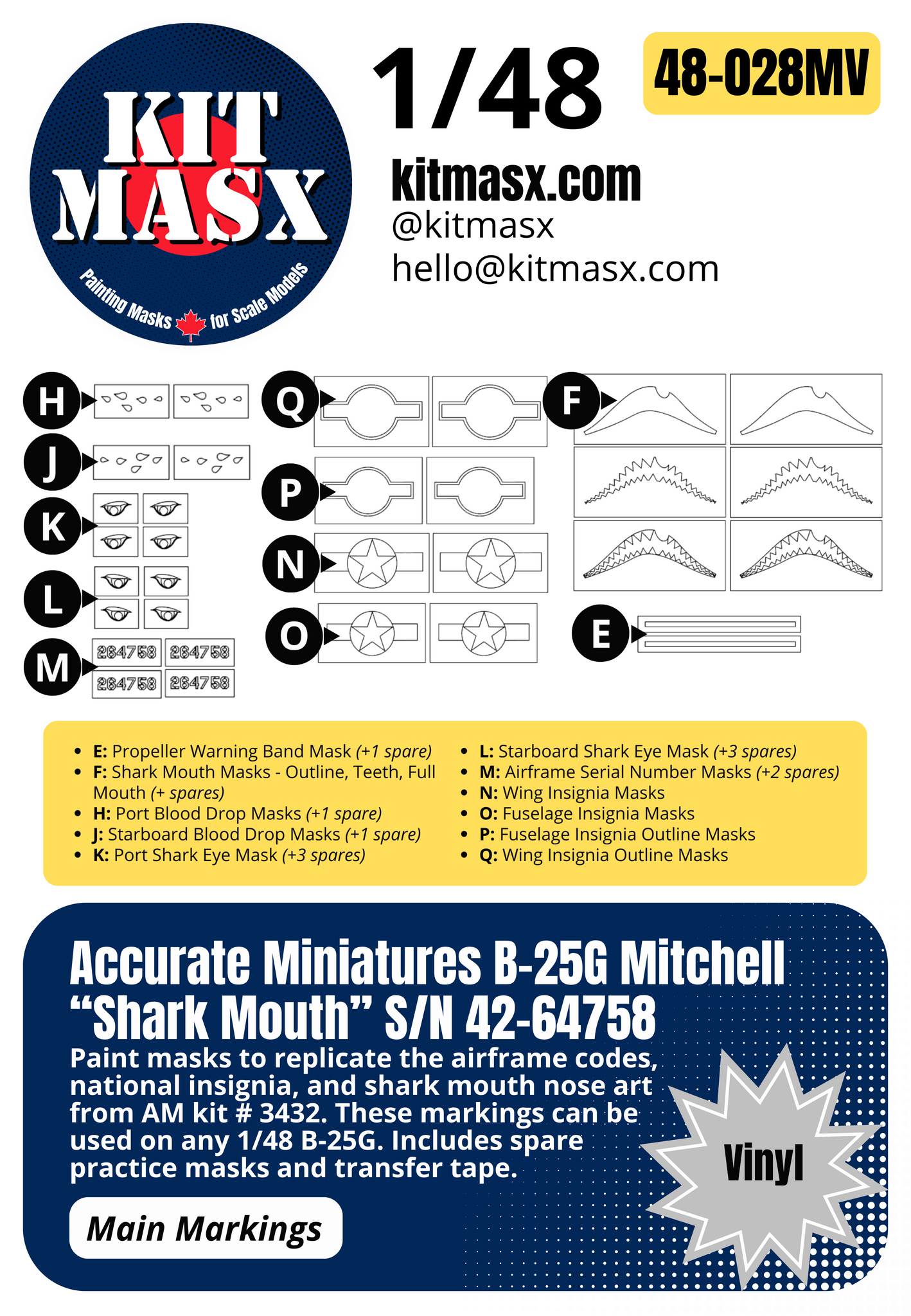 Accurate Miniatures B-25G Mitchell “Shark Mouth” S/N 42-64758 1/48 Main Marking Paint Masks, Kit # 3432