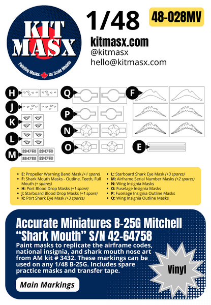 Accurate Miniatures B-25G Mitchell “Shark Mouth” S/N 42-64758 1/48 Main Marking Paint Masks, Kit # 3432