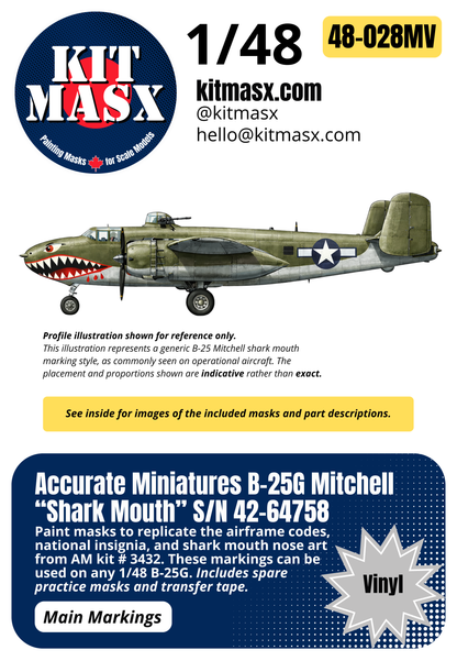 Accurate Miniatures B-25G Mitchell “Shark Mouth” S/N 42-64758 1/48 Main Marking Paint Masks, Kit # 3432