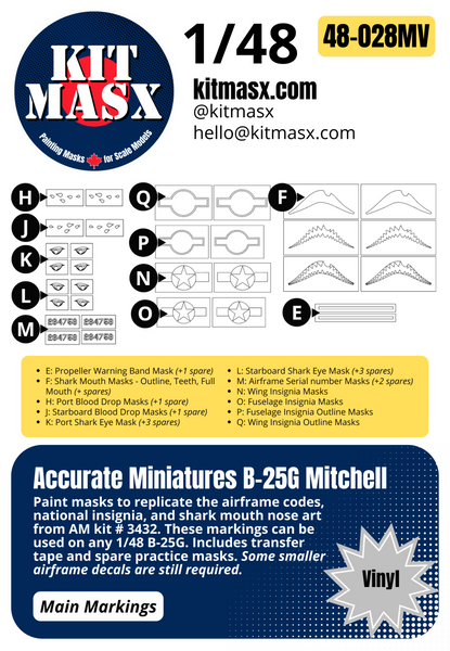 Accurate Miniatures B-25B/C/D/G or PBJ-1D Mitchell 1/48 Canopy & Main Marking Paint Masks