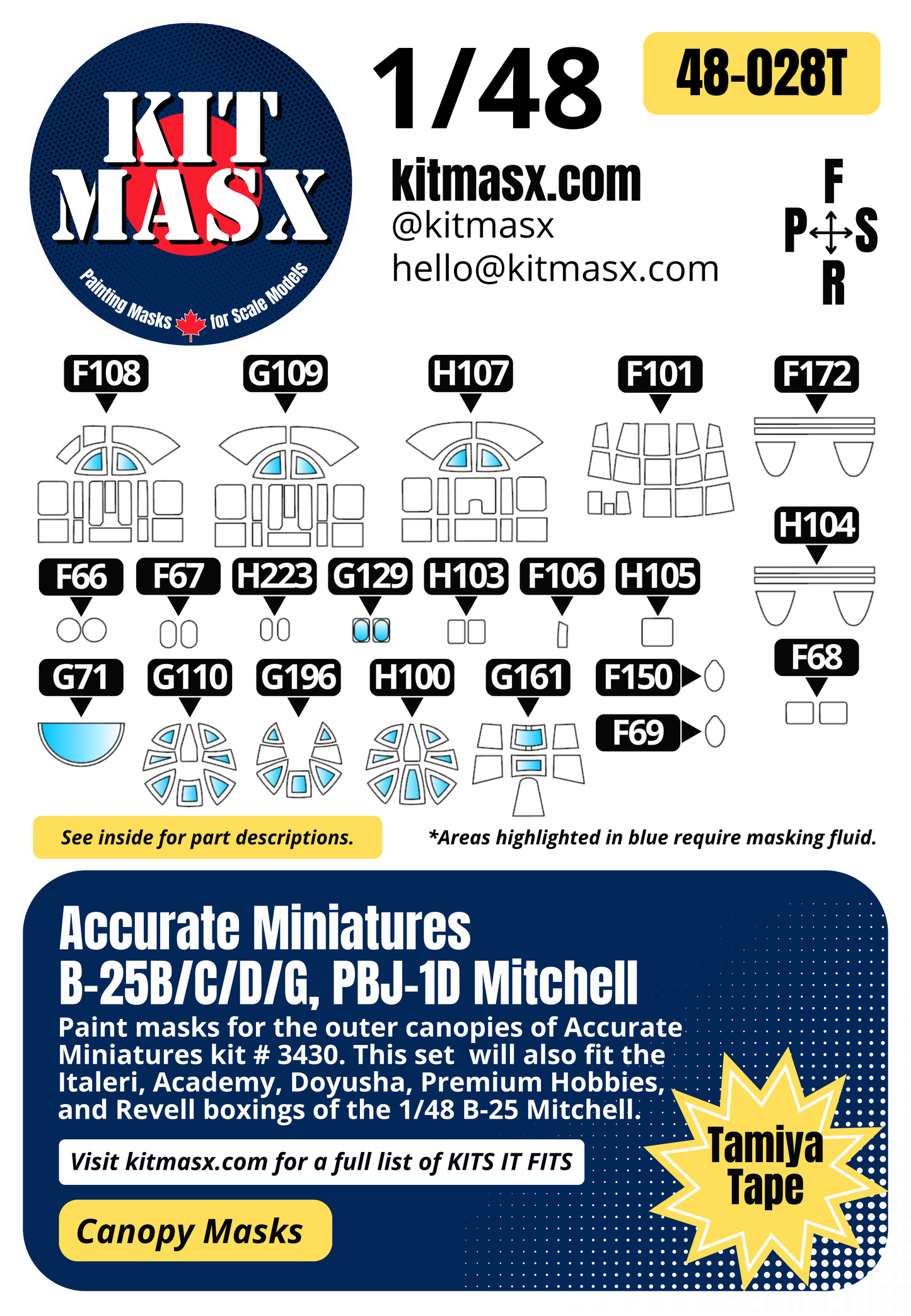 Accurate Miniatures B-25B/C/D/G/PBJ-1D Mitchell 1/48 Canopy Paint Masks, Kit # 3430