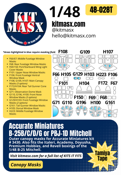 Accurate Miniatures B-25B/C/D/G or PBJ-1D Mitchell 1/48 Canopy & Main Marking Paint Masks