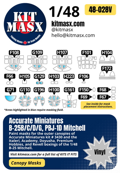 Accurate Miniatures B-25B/C/D/G/PBJ-1D Mitchell 1/48 Canopy Paint Masks, Kit # 3430