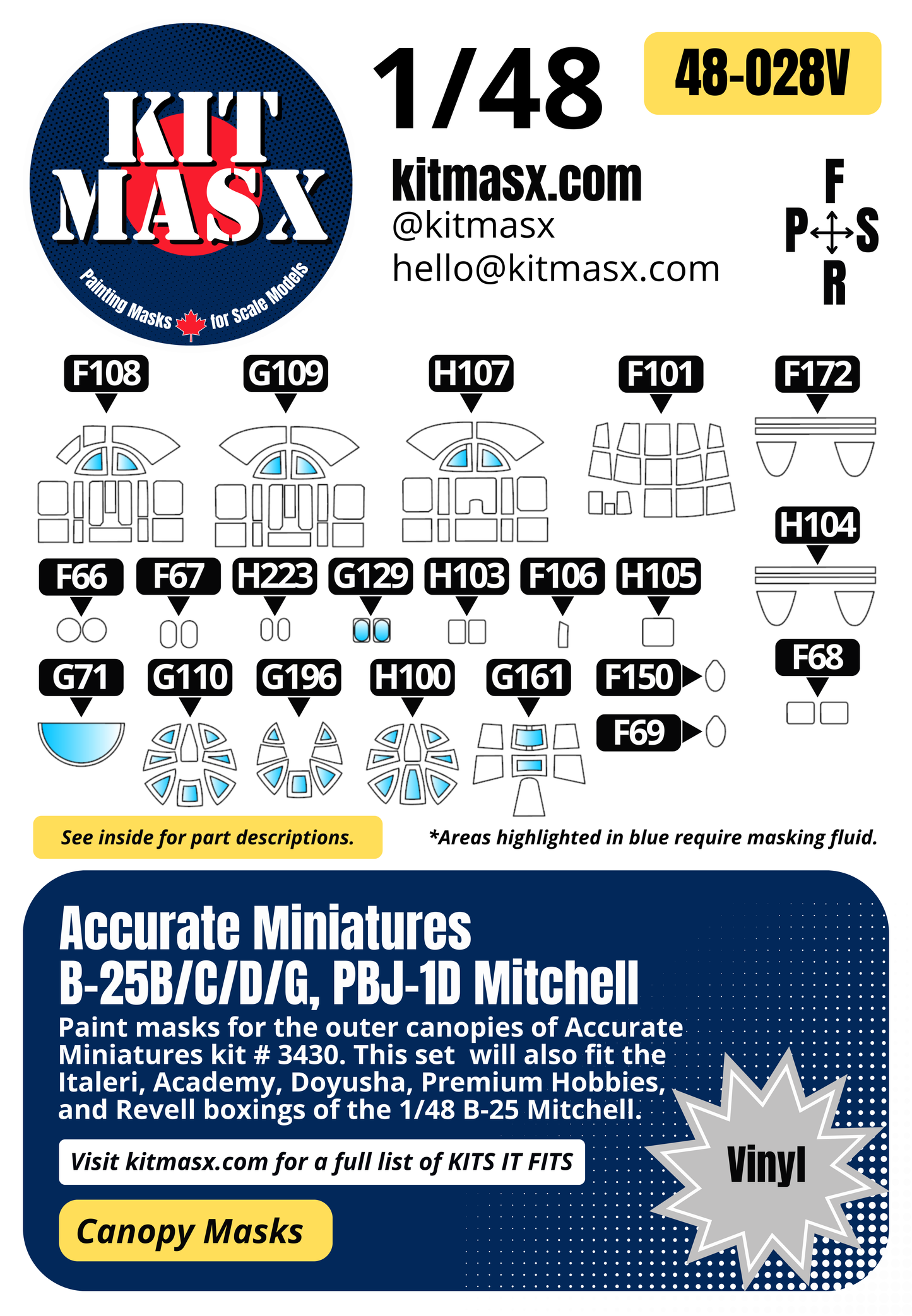 Accurate Miniatures B-25B/C/D/G/PBJ-1D Mitchell 1/48 Canopy Paint Masks, Kit # 3430