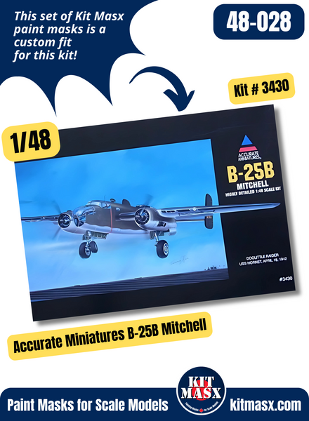 Accurate Miniatures B-25B/C/D/G/PBJ-1D Mitchell 1/48 Canopy Paint Masks, Kit # 3430