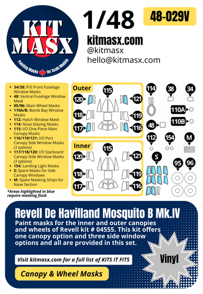 Revell De Havilland Mosquito B Mk.IV 1/48 Canopy & Wheel Paint Masks, Kit # 04555