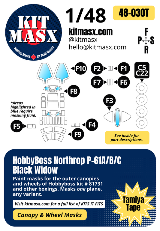 HobbyBoss Northrop P-61A/B/C Black Widow 1/48 Canopy & Wheel Paint Masks, Kit # 81731