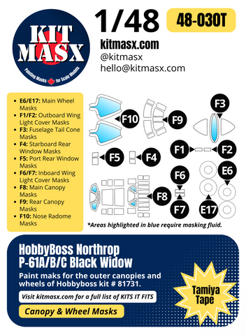 HobbyBoss Northrop P-61A/B/C Black Widow 1/48 Canopy & Wheel Paint Masks, Kit # 81731