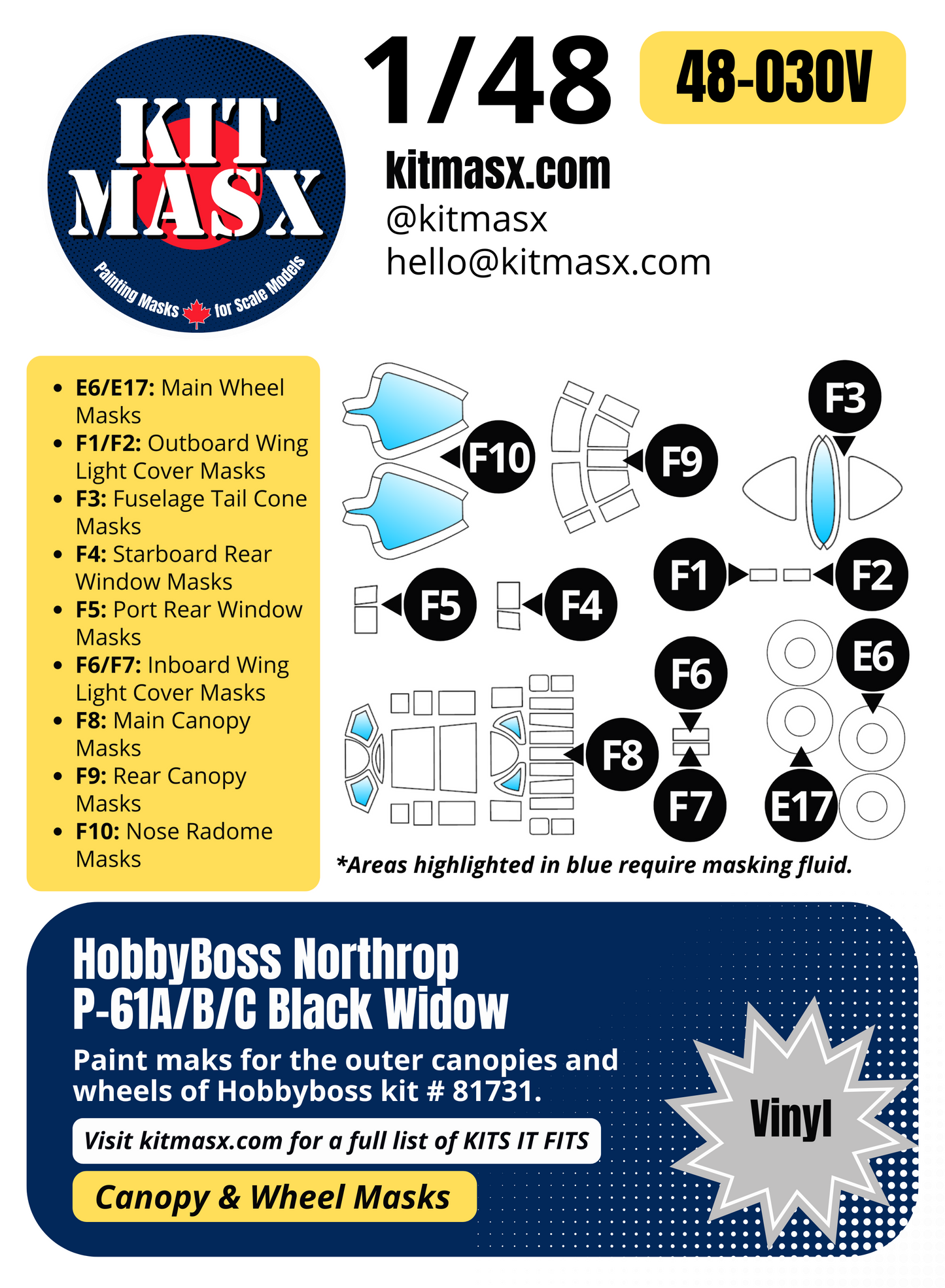 HobbyBoss Northrop P-61A/B/C Black Widow 1/48 Canopy & Wheel Paint Masks, Kit # 81731