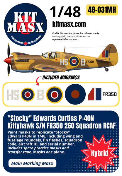 "Stocky" Edwards Curtiss P-40N Kittyhawk FR350 260 Squadron RCAF 1/48 Main Marking Paint Masks (48031M)