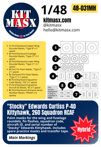 "Stocky" Edwards Curtiss P-40 Kittyhawk, 260 Squadron RCAF 1/48 Main Marking Paint Masks