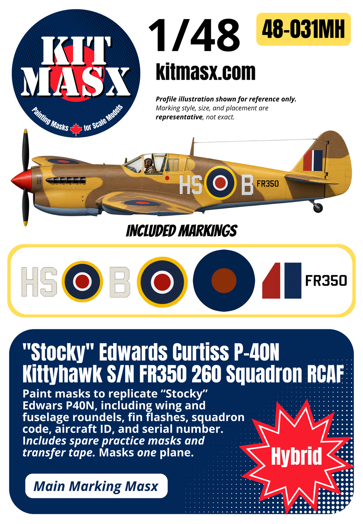 "Stocky" Edwards Curtiss P-40N Kittyhawk FR350 260 Squadron RCAF 1/48 Main Marking Paint Masks (48031M)