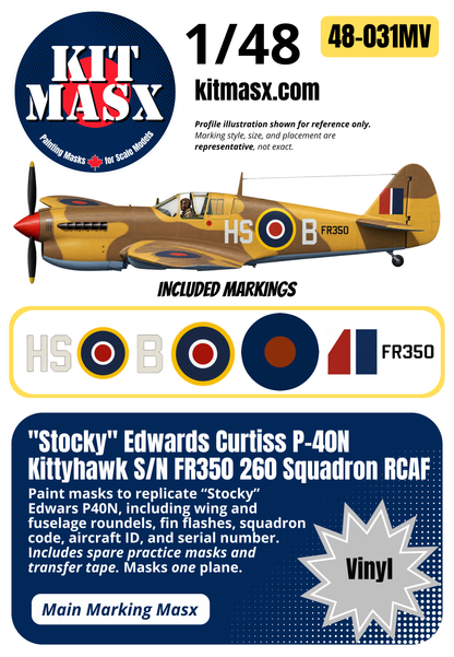 "Stocky" Edwards Curtiss P-40N Kittyhawk FR350 260 Squadron RCAF 1/48 Main Marking Paint Masks (48031M)