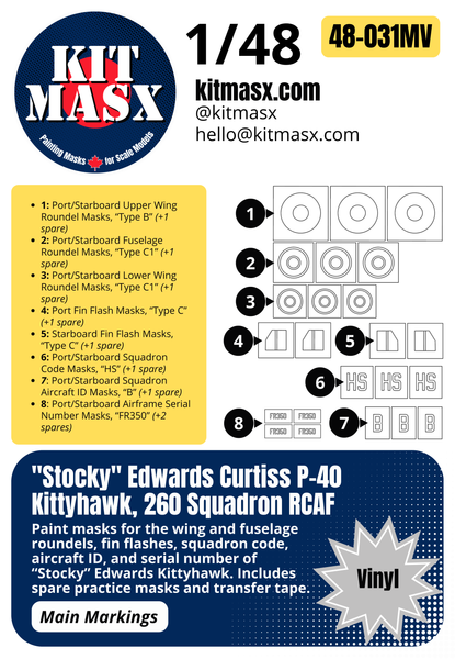 "Stocky" Edwards Curtiss P-40 Kittyhawk, 260 Squadron RCAF 1/48 Main Marking Paint Masks