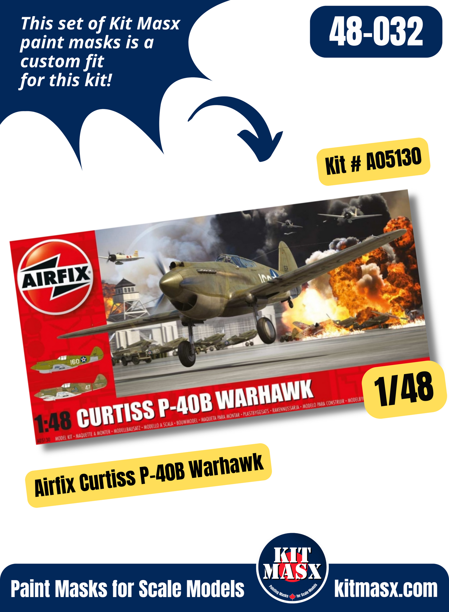 Airfix Curtiss P-40B Warhawk/Tomahawk Mk.II 1/48 Canopy & Wheel Paint Masks, Kit # A05130