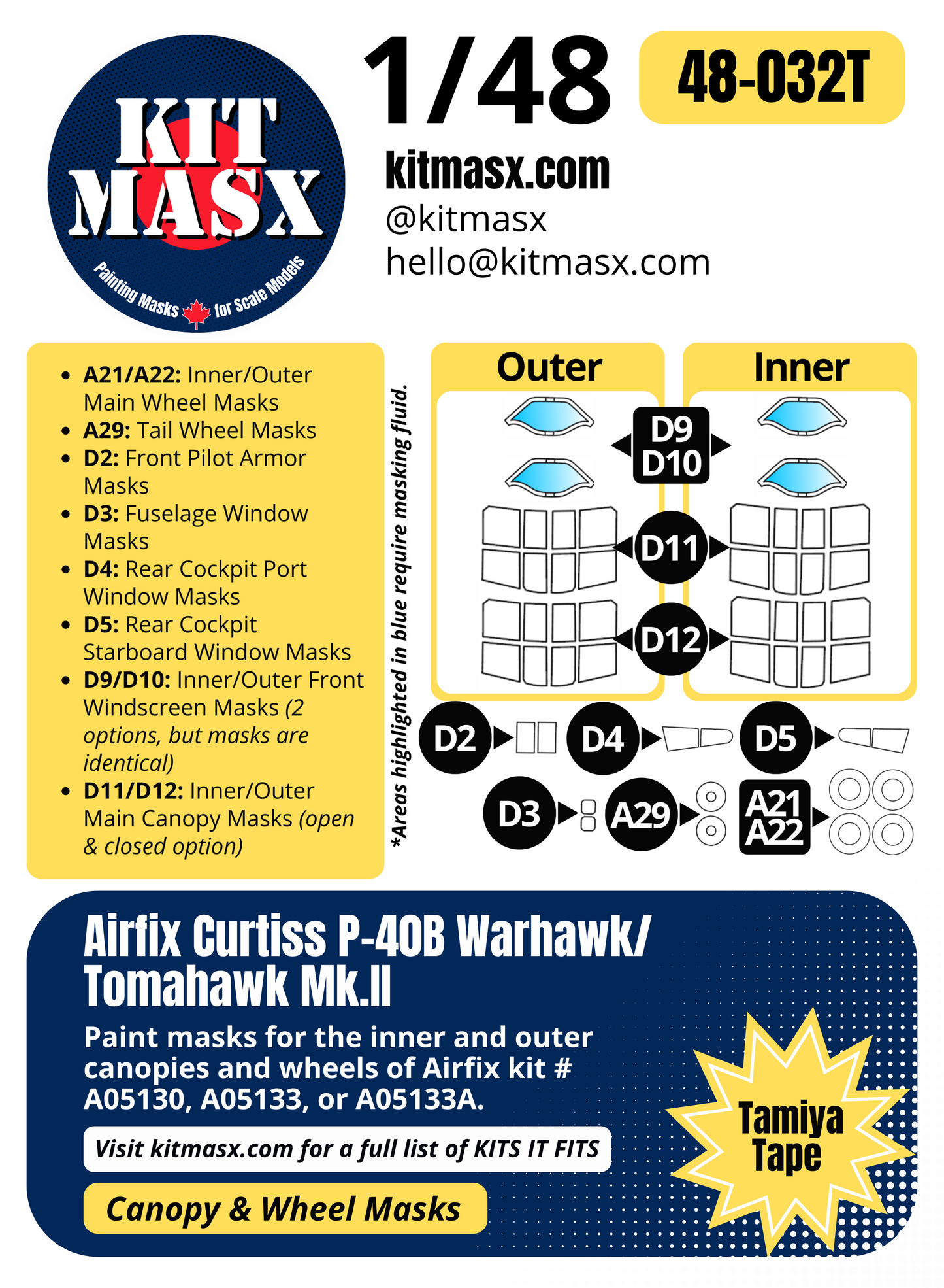 Airfix Curtiss P-40B Warhawk/Tomahawk Mk.II 1/48 Canopy & Wheel Paint Masks, Kit # A05130