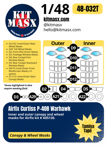 Airfix Curtiss P-40B Warhawk 1/48 Canopy & Wheel Paint Masks, Kit # A05130