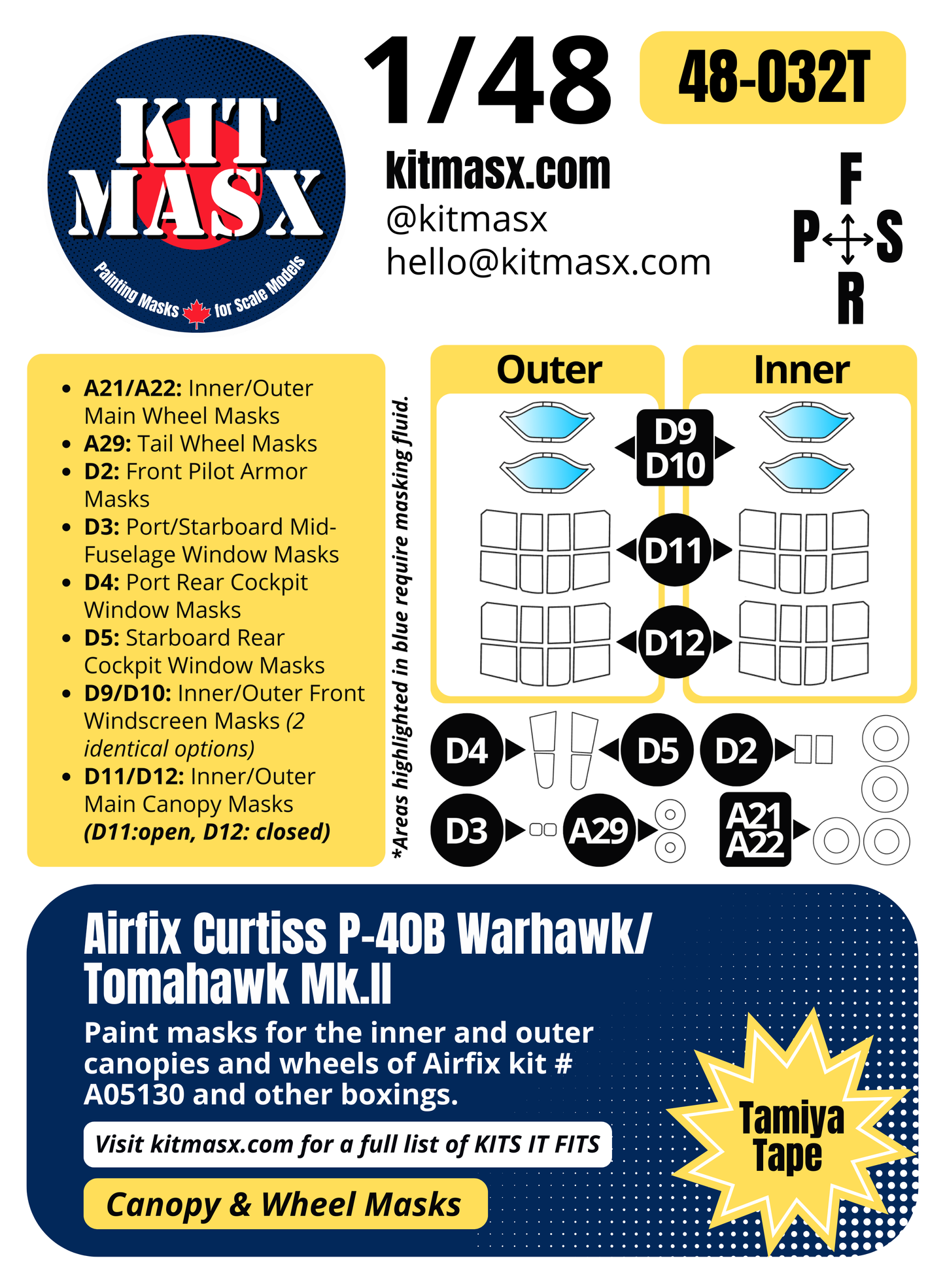 Airfix Curtiss P-40B Warhawk/Tomahawk Mk.II 1/48 Canopy & Wheel Paint Masks, Kit # A05130