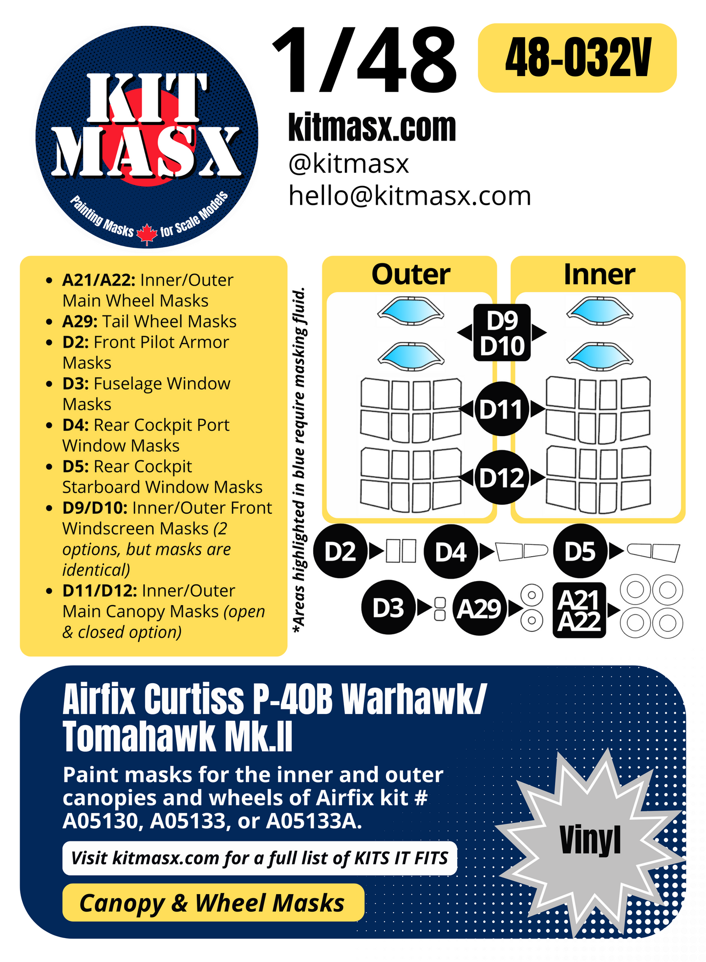Airfix Curtiss P-40B Warhawk/Tomahawk Mk.II 1/48 Canopy & Wheel Paint Masks, Kit # A05130
