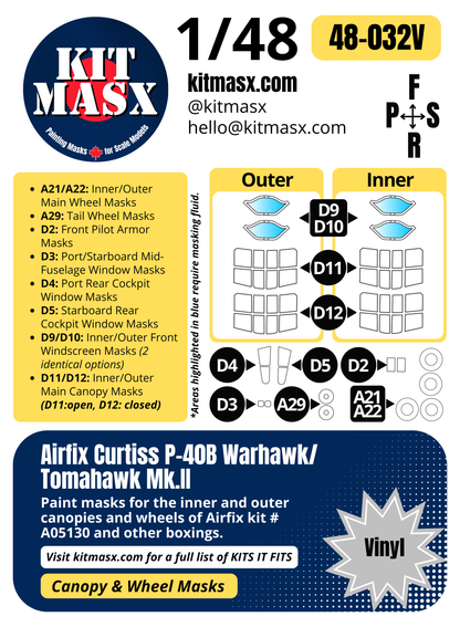 Airfix Curtiss P-40B Warhawk/Tomahawk Mk.II 1/48 Canopy & Wheel Paint Masks, Kit # A05130