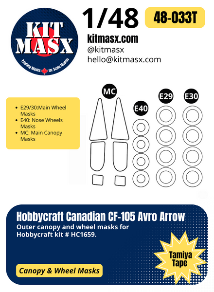 Hobbycraft Canadian CF-105 Avro Arrow 1/48 Canopy & Wheel Paint Masks, Kit # HC1659